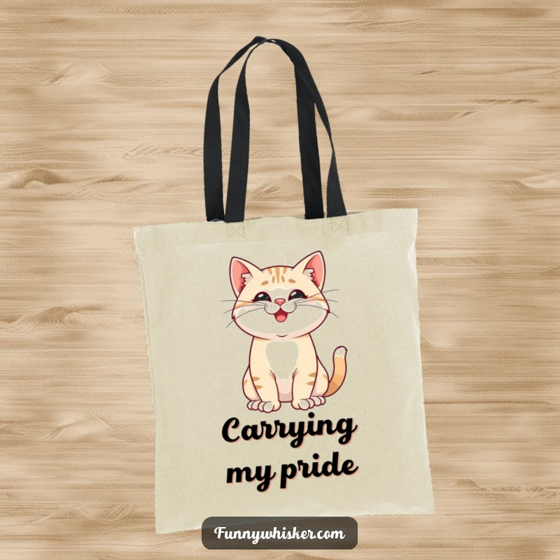 Funny tote bag showing a proud cat striking a pose with playfully twitching whiskers, a humorous and stylish accessory for carrying essentials.
