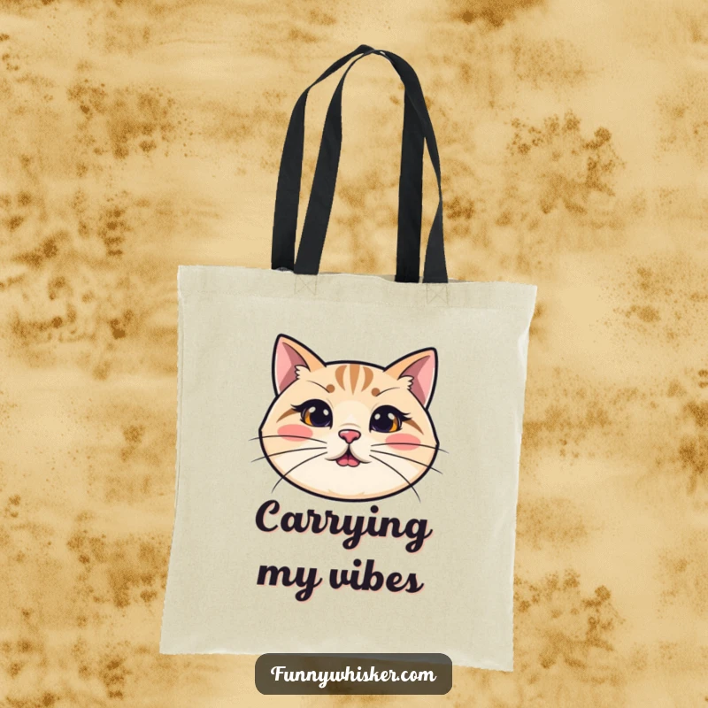 Funny cat tote bag with a simplified cat's head and exaggeratedly long, wiggly whiskers, perfect for carrying items with humor.