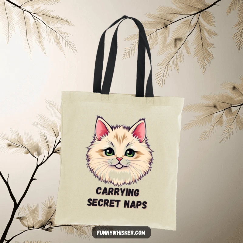 Funny tote bag: A tiny cat face playfully peeking through a large, fluffy whisker tuft, a charming and funny accessory, a funny gift.