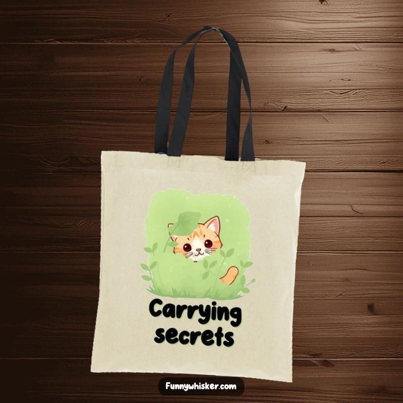 Funny cat tote bag with only twitching whiskers visible behind a bush, perfect for carrying items with a hint of mystery.