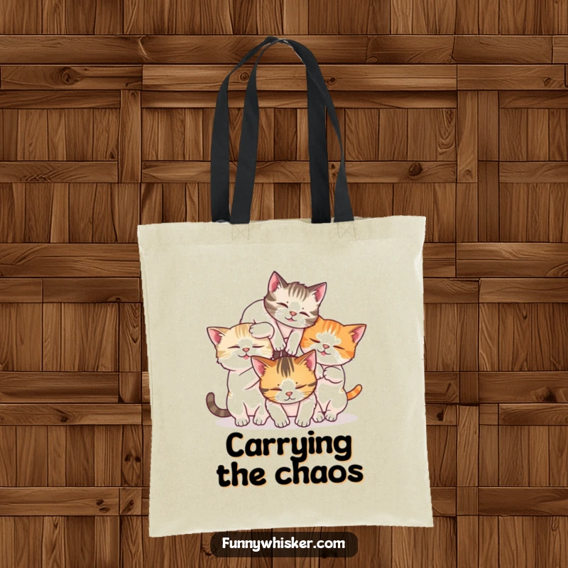 Funny tote bag with three cats tumbling together in a whisker tangle, perfect for everyday use.