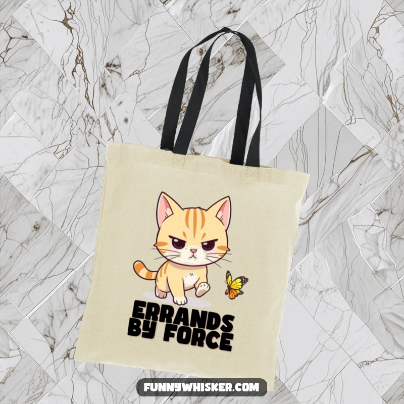 Funny cat tote bag showing a determined character, whiskers forward, chasing an elusive butterfly, a humorous and practical companion.