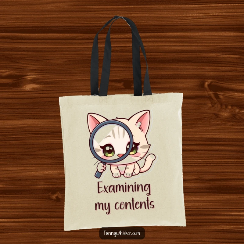 Funny Tote Bag: A cat character with wide, curious eyes looking through a magnifying glass.