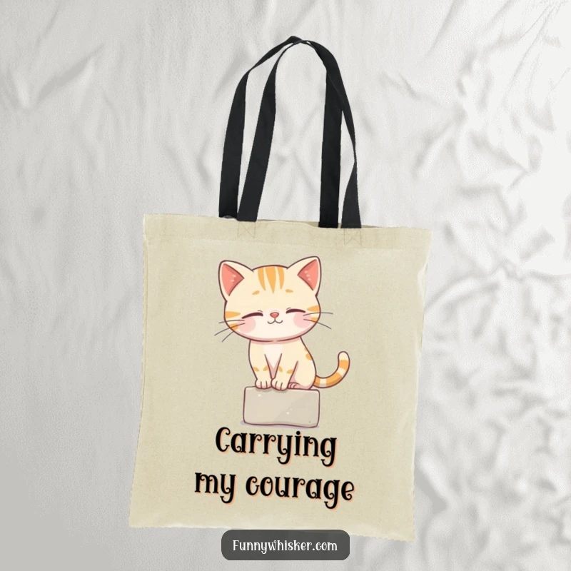 Funny Tote Bag depicting a cat character precariously balancing on a ledge, using its whiskers as a stabilizing tool.