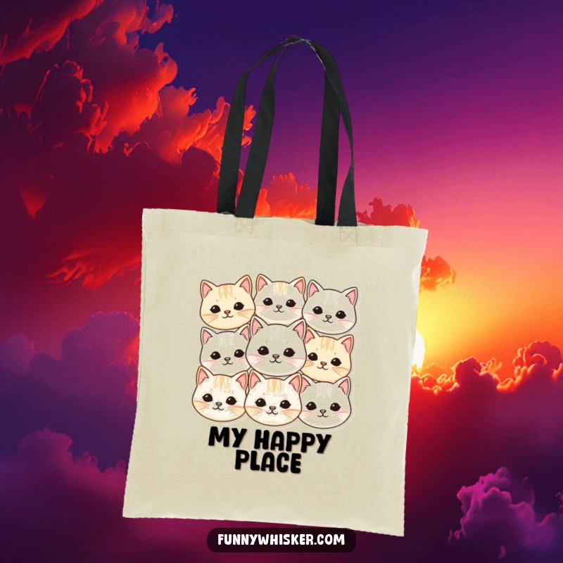 Funny tote bag displaying a group of small, round cat faces with vibrating whiskers, perfect for carrying items with adorable, humorous flair.
