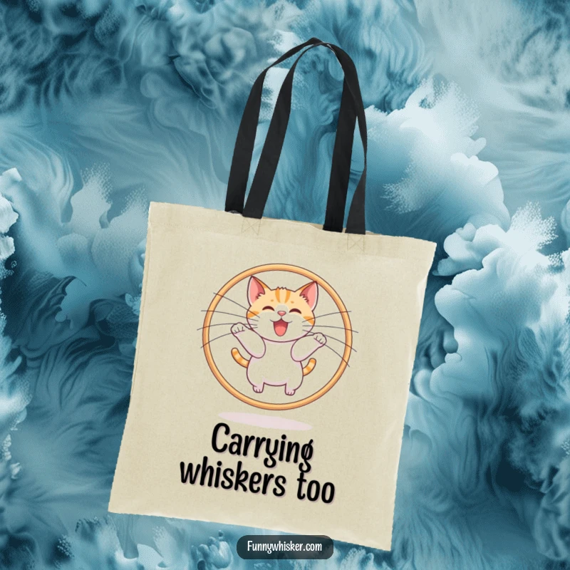 Funny cat leaping through a whisker hoop on a tote bag, symbolizing agility and play, a great funny gift.