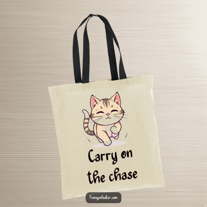 Funny tote bag with a cat caught in a focused tail-chase, whiskers twitching, representing determination and playful pursuit.