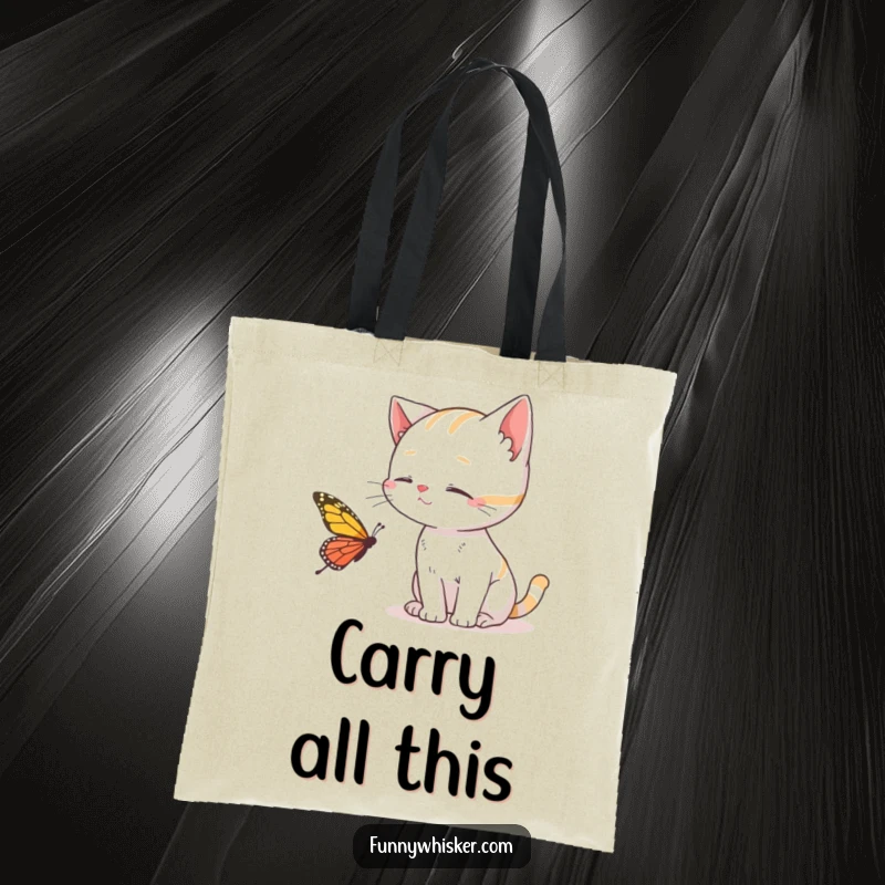 Funny Cat Tote Bag depicting a cat using whiskers to catch a butterfly, a stylish and humorous accessory, perfect for gifting.