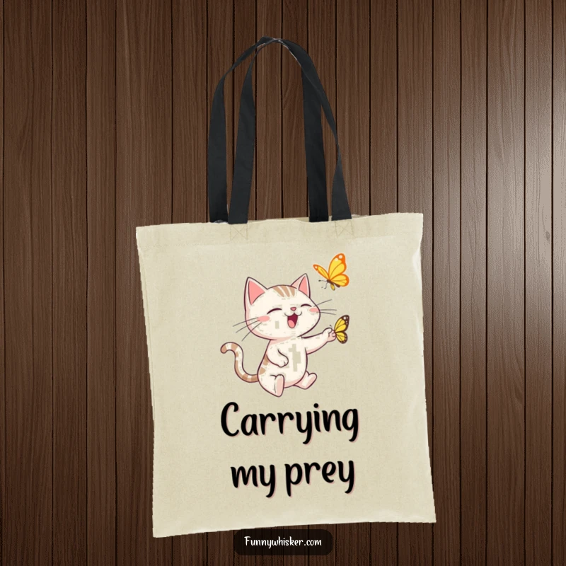 Funny tote bag depicting a spiky-whiskered cat wildly chasing a butterfly, a charming and humorous accessory for daily errands.