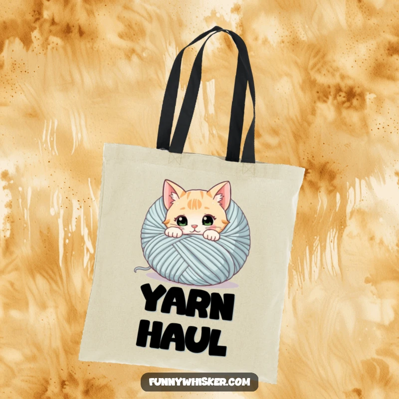 Funny cat tote bag illustrated with a curious cat peeking from behind a giant ball of yarn, whiskers twitching playfully.