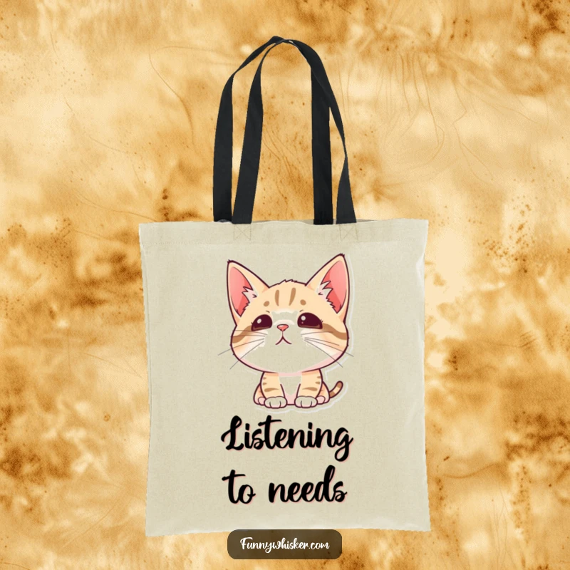 Funny tote bag featuring a cat with alert ears and twitching whiskers, always on the lookout for answers.