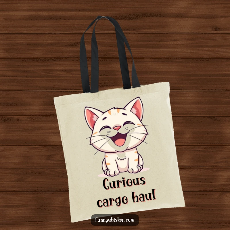 Funny tote bag depicting a cat with a wide, excited grin and twitching whiskers, perfect for carrying items with a humorous and curious theme.