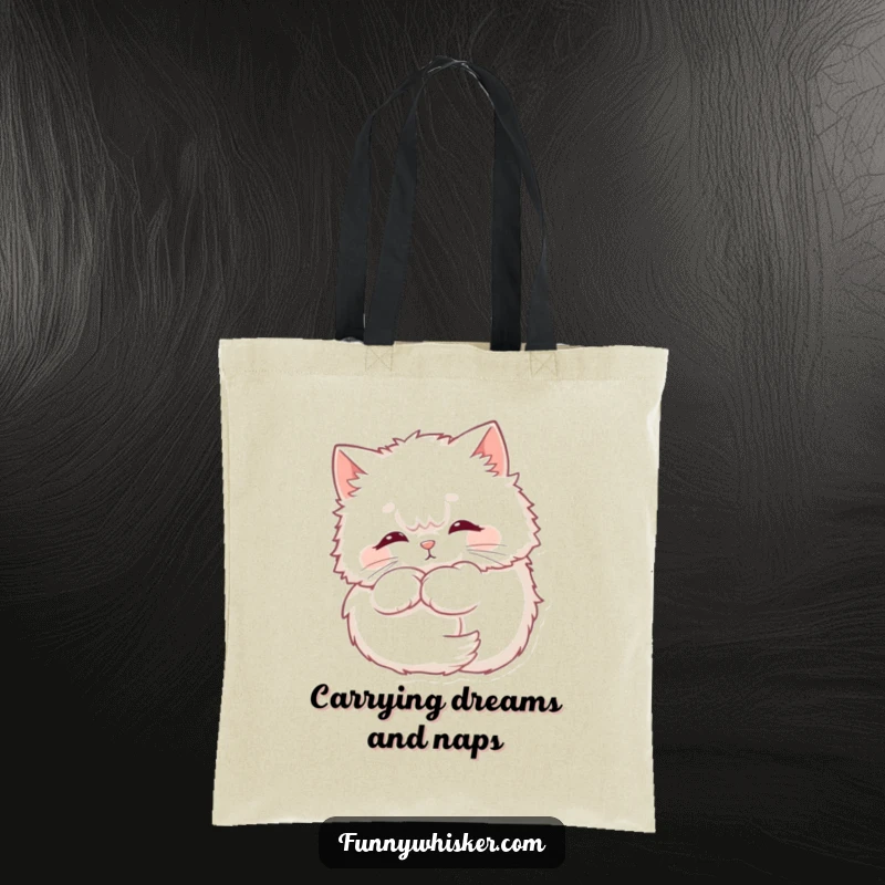 Funny Cat Tote Bag featuring a fluffy cat napping, its soft, halo-like whiskers adding a touch of whimsical humor.