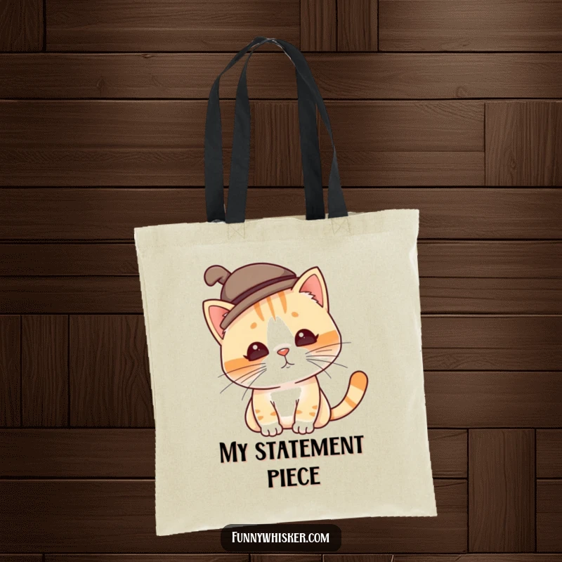 Funny cat tote bag showcasing a character in a silly hat, tilting due to twitching whiskers, a humorous and practical accessory.