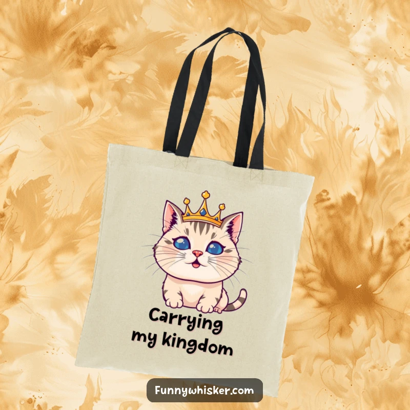 Funny tote bag featuring a silly cat wearing an oversized whisker crown, looking distinguished and comical, great for shopping.