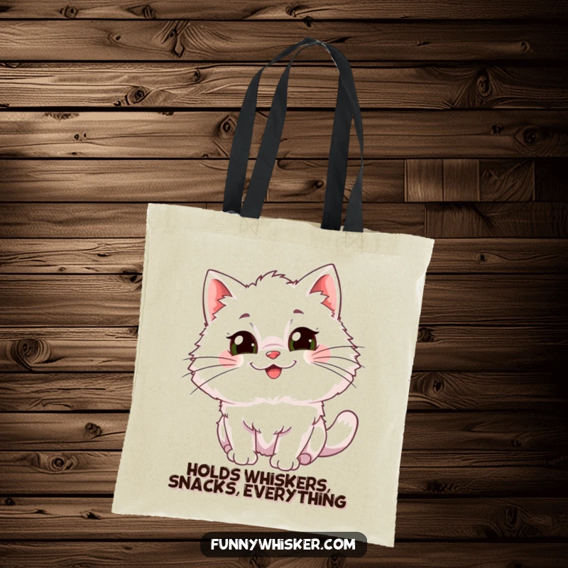 Funny Tote Bag: A fluffy cat character whose large, comical whiskers are wiggling with uncontainable glee.