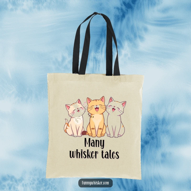 Funny tote bag showcasing cats with varying whisker lengths sharing a giggle. Humorous and practical, an excellent funny gift.