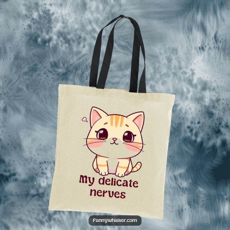 Funny cat tote bag showing a character recoiling in surprise, whiskers pulled back from a small puff of air, perfect for everyday use.