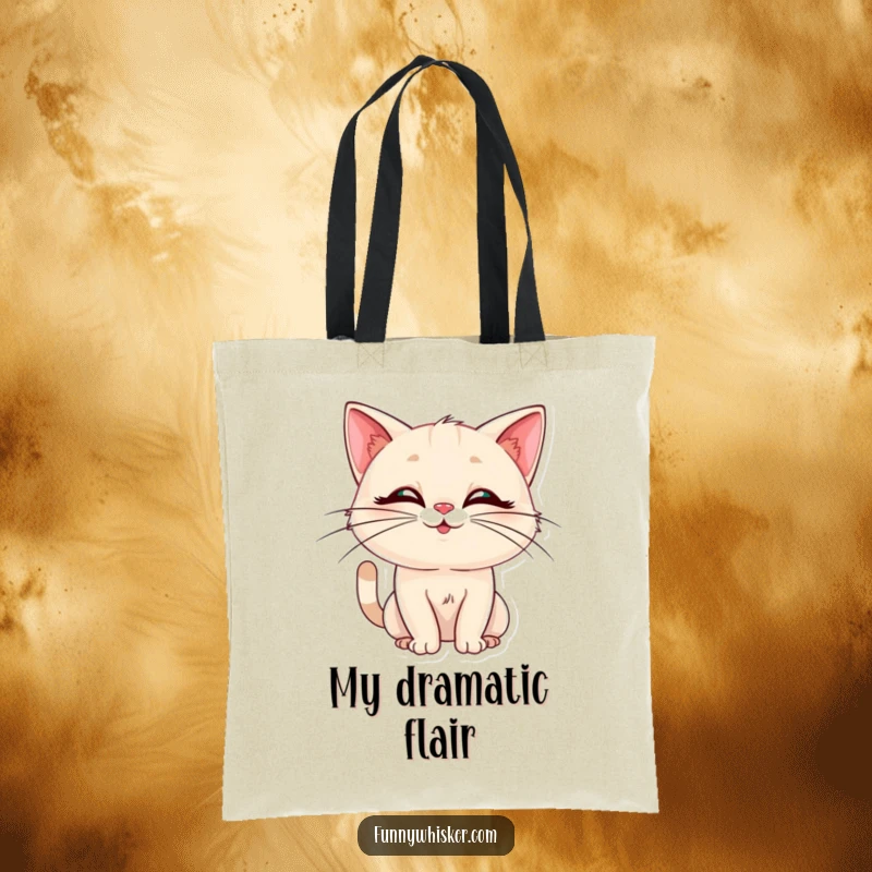 Funny tote bag with a cat sporting elegant whiskers in a very silly pose. Humorous and practical, a great funny gift.