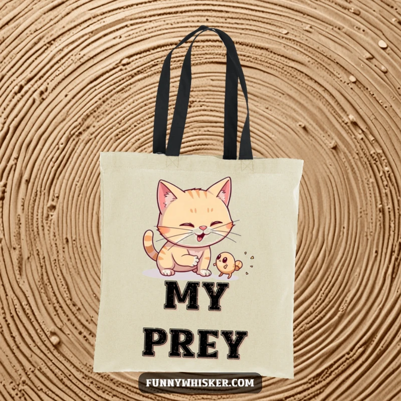 Funny tote bag showing a cat with wiggling whiskers hunting a dust bunny, great for shopping and cat lovers.