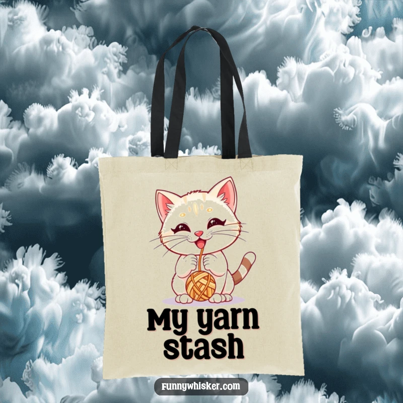 Funny tote bag showing a kitten with big whiskers joyfully playing with a yarn ball, great for daily use.
