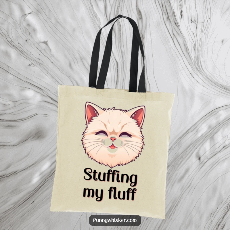 Funny fluffy cat head tote bag with exaggerated, wiggling whiskers, a charming accessory for carrying essentials with a smile.